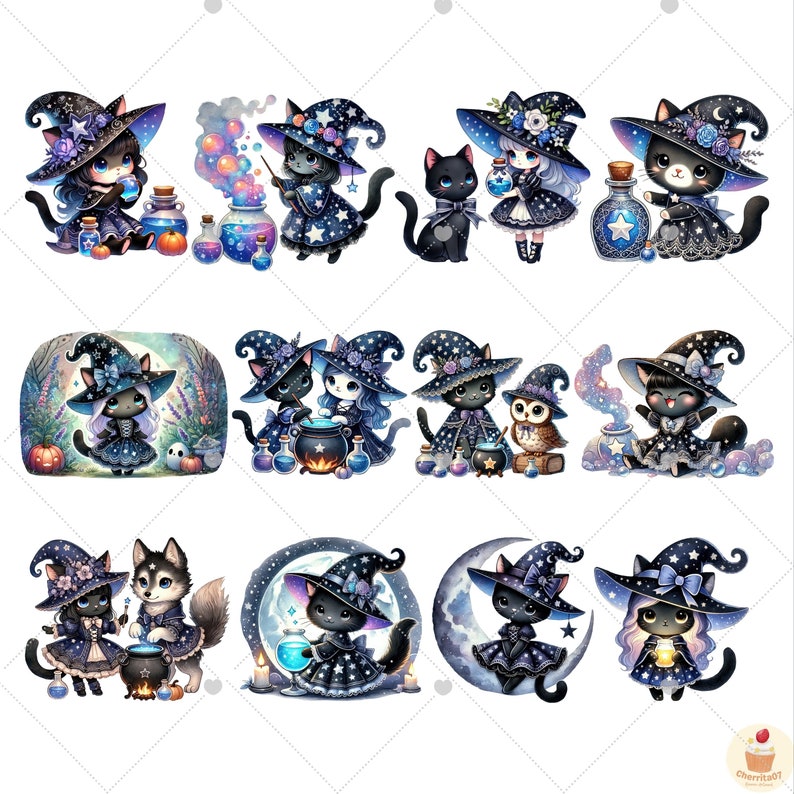 May include: A set of ten digital illustrations featuring cute witches and cats in various poses. The witches wear black and blue pointed hats with stars and moons. The cats wear black and white witch hats with stars and moons. The illustrations are perfect for Halloween or any witchy occasion.
