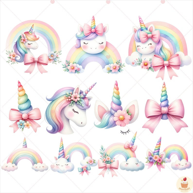 K&ouml;nnte beinhalten: Ein Set mit 10 digitalen Clipart-Bildern mit Einh&ouml;rnern und Regenb&ouml;gen in Pastellfarben. Die Bilder zeigen Einh&ouml;rner mit Regenbogenm&auml;hne und -schwanz, Regenb&ouml;gen mit Wolken und Blumenarrangements.