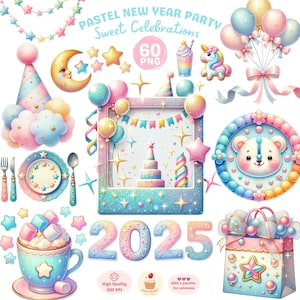 Clipart pastel nouvel an, fête des cliparts, clipart ballons pastel, chapeaux de fête png, clipart dessert, clipart numéros scintillants, usage Commercial