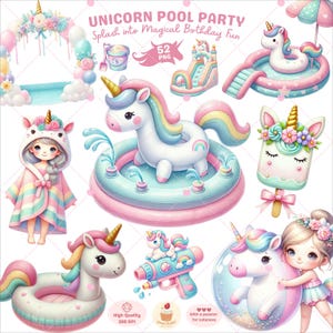 May include: A set of 52 digital clipart images featuring unicorns, pool floats, and other pool party accessories. The images are in a cartoon style and feature bright colors, including pink, blue, and yellow.