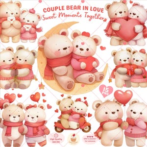 Pareja de osos enamorados, clipart del día de San Valentín, oso de peluche png, clipart de corazón rojo, pareja de animales png, osos de acuarela, uso comercial