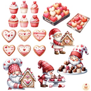 May include: A collection of Valentine's Day themed illustrations featuring gingerbread houses, heart-shaped cookies, cupcakes, and gnomes. The gnomes are wearing red hats and white beards. The cupcakes are decorated with red and white frosting and hearts. The gingerbread houses are decorated with red and white icing and candy hearts.