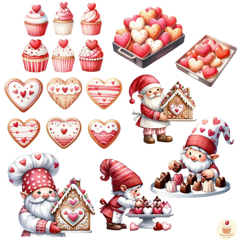 May include: A collection of Valentine's Day themed illustrations featuring gingerbread houses, heart-shaped cookies, cupcakes, and gnomes. The gnomes are wearing red hats and white beards. The cupcakes are decorated with red and white frosting and hearts. The gingerbread houses are decorated with red and white icing and candy hearts.