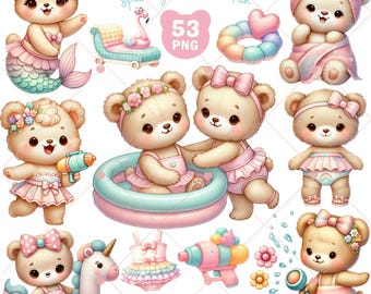 Summer Baby Bear Clipart: Pool Party PNG Graphics (53 Files)