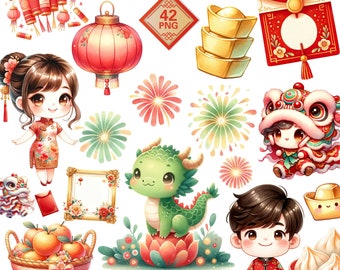 Chinese New Year clipart, Watercolor China festive PNG, Lunar new year 2024 clipart, Dragon Year Clipart, Chinese culture, commercial use
