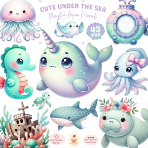 Unter dem Meer Clipart, Ozean Tier png, Pastell Meer Leben Clipart, Wal, Krake, süße Fische, Aquarell Meeresbewohner, kommerzielle Nutzung