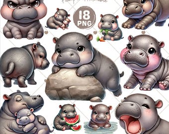 Baby Pygmy Hippo Clipart, Baby Hippo png, Jungle Animal Art, Cute Animals Clipart, Nursery Wall Decor, Animal lover gift, Commercial Use