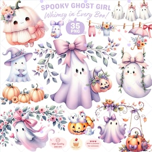 May include: A collection of whimsical, watercolor illustrations featuring cute ghosts, pumpkins, and floral accents. The designs include ghosts with bows, holding pumpkins, and wearing witch hats. Text reads "Spooky Ghost Girl" and "Whimsy in Every Boo!"
