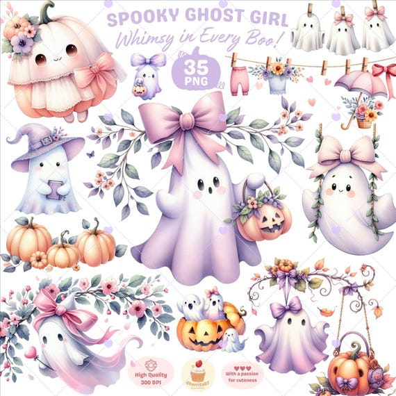 Cute Ghost Girl Clipart, Halloween Clipart, Purple and Pink Ghost, Coquette Ghost with Bow, Autumn Clipart, Spooky Cute png, Commercial Use
