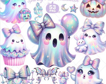May include: A collection of iridescent ghost illustrations with bows, balloons, and a pumpkin. The text reads "IRIDESCENT GHOSTIES Sparkly Pastel Halloween". Other elements include a cupcake, a bunny, and a potion bottle. The image is in pastel colors.