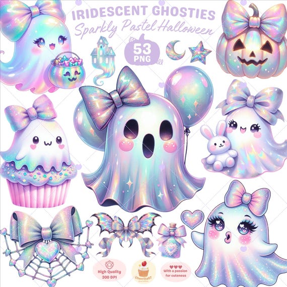 Iridescent Ghost Clipart: Pastel Halloween PNG Images (Commercial Use)