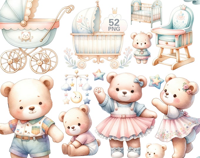 Teddy Bear Clipart | Watercolor Bear PNG | Nursery Wall Art | Baby ...