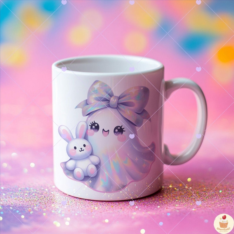 May include: White ceramic mug featuring a cute ghost character with a large bow and a small bunny. The ghost and bunny are in pastel colors. The mug has a white handle and a glossy finish.
