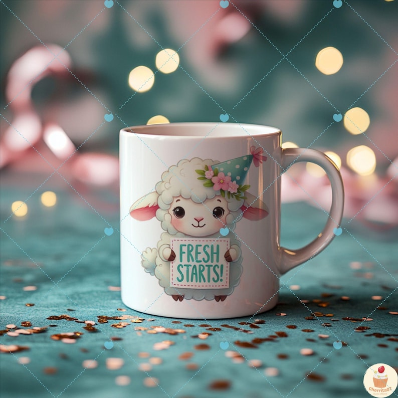 Może przedstawiać: Biały kubek ceramiczny z kresk&oacute;wkową ilustracją białego baranka w czapce imprezowej trzymającego tabliczkę z napisem "Fresh Starts!" Kubek stoi na niebieskim tle z złotym brokatem.