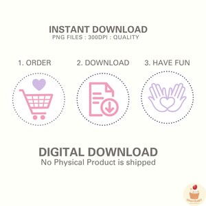 May include: A digital download graphic with instructions. The image includes a pink shopping cart, a document with a download arrow, and hands forming a heart. Text reads "Instant Download" and "Digital Download".
