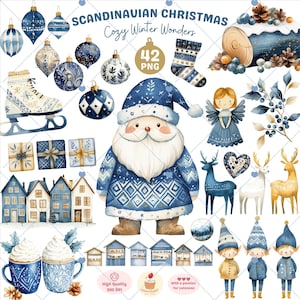 Clipart di Natale scandinavo, Natale ad acquerello, clipart invernale blu, clipart Hygge, png di Babbo Natale, ornamenti di Natale nordici, uso commerciale
