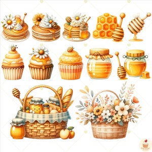 May include: A collection of honey-themed illustrations featuring honey jars, honeycombs, honey dippers, cupcakes, pancakes, and baskets of flowers. The illustrations are in a cartoon style with bright colors and whimsical details.