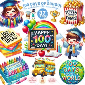 100 dagen school clipart, schoolcitaten png, student clipart, klas clipart, kleurrijke school kunst, leraar clipart, commercieel gebruik