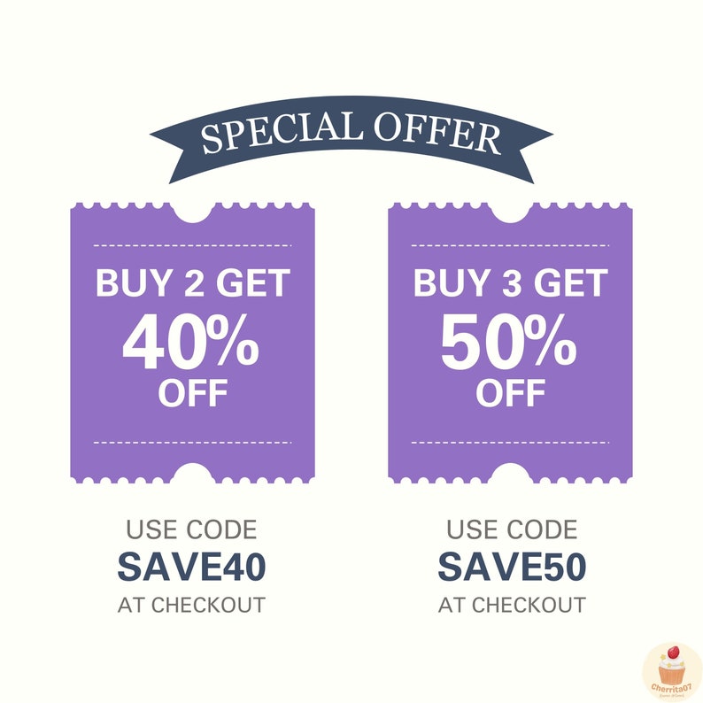 May include: Two purple discount coupons with rounded corners and a white border. The top coupon says "BUY 2 GET 40% OFF" and the bottom coupon says "USE CODE SAVE40 AT CHECKOUT". The bottom coupon says "BUY 3 GET 50% OFF" and the bottom coupon says "USE CODE SAVE50 AT CHECKOUT".