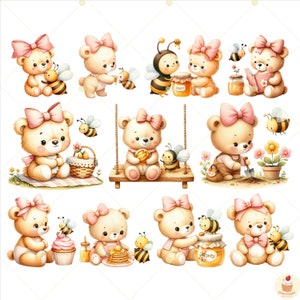 May include: A set of ten digital illustrations featuring cute cartoon teddy bears wearing pink bows and holding honey pots, beehives, and other bee-themed items. The bears are surrounded by bees, flowers, and other nature-inspired elements.