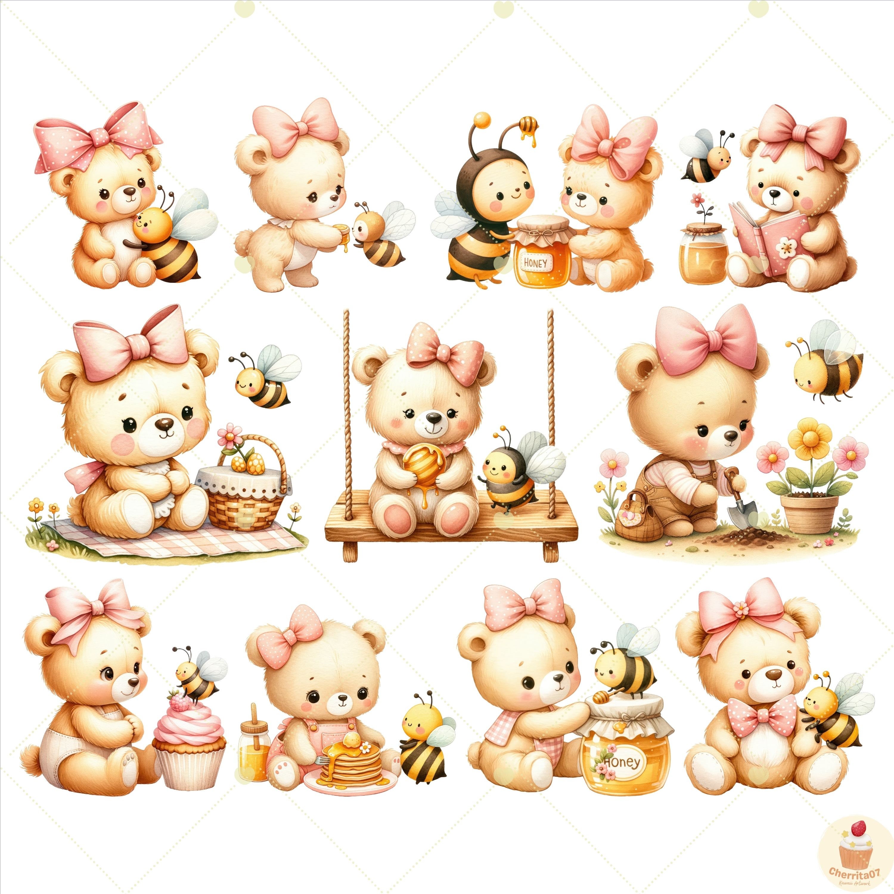 Baby Bear and Bee Clipart, Bee Bear PNG, Baby Bear Clipart, Honey Bee