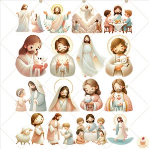 May include: A collection of colorful illustrations featuring people in various poses, including a person holding a dove, a person holding a lamb, and a person holding a heart. The illustrations are set against a white background.