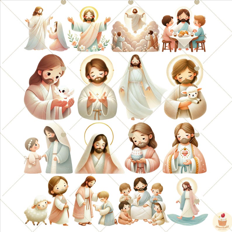 May include: A collection of colorful illustrations featuring people in various poses, including a person holding a dove, a person holding a lamb, and a person holding a heart. The illustrations are set against a white background.