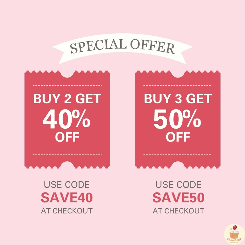 May include: Two pink discount coupons with rounded corners and a white border. The top coupon says "BUY 2 GET 40% OFF" and the bottom coupon says "USE CODE SAVE40 AT CHECKOUT". The bottom coupon says "BUY 3 GET 50% OFF" and the bottom coupon says "USE CODE SAVE50 AT CHECKOUT".