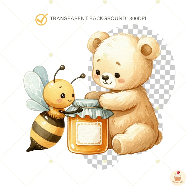 May include: A cute cartoon bear wearing a light brown fur coat is reaching for a jar of honey. A yellow and black bee with large wings is flying next to the jar.
