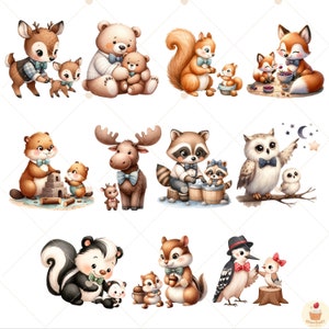 K&ouml;nnte beinhalten: Ein Set mit 10 digitalen Illustrationen, die verschiedene Waldtiere mit ihren Babys zeigen. Zu den Tieren geh&ouml;ren ein Reh, ein B&auml;r, ein Eichh&ouml;rnchen, ein Fuchs, ein Biber, ein Elch, ein Waschb&auml;r, eine Eule, ein Stinktier und ein Streifenh&ouml;rnchen. Jedes Tier ist in einem niedlichen und skurrilen Stil dargestellt, wobei die Eltern ihre Jungen halten oder mit ihnen interagieren.