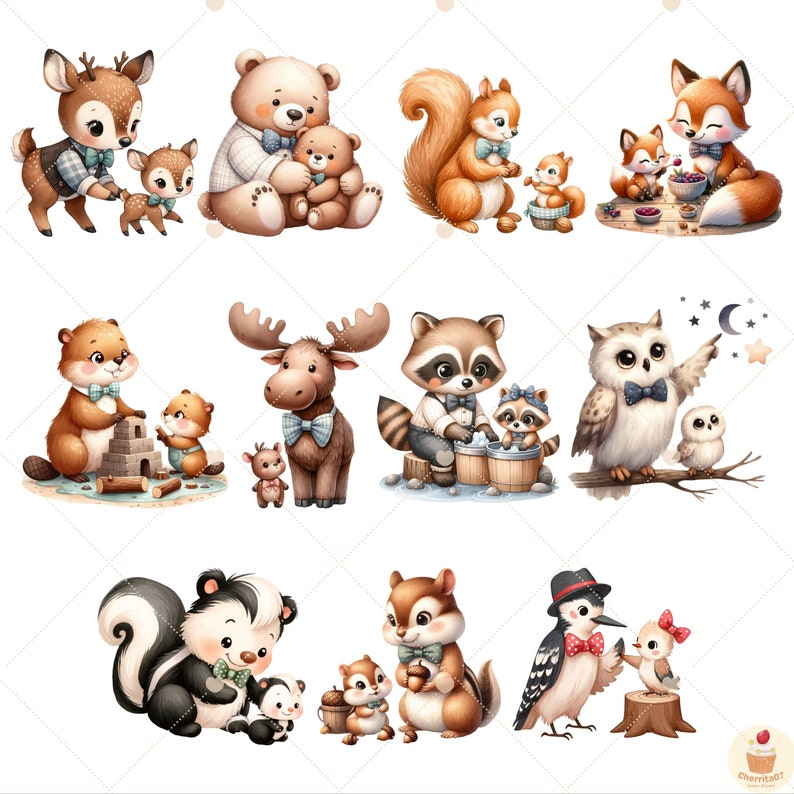 K&ouml;nnte beinhalten: Ein Set mit 10 digitalen Illustrationen, die verschiedene Waldtiere mit ihren Babys zeigen. Zu den Tieren geh&ouml;ren ein Reh, ein B&auml;r, ein Eichh&ouml;rnchen, ein Fuchs, ein Biber, ein Elch, ein Waschb&auml;r, eine Eule, ein Stinktier und ein Streifenh&ouml;rnchen. Jedes Tier ist in einem niedlichen und skurrilen Stil dargestellt, wobei die Eltern ihre Jungen halten oder mit ihnen interagieren.