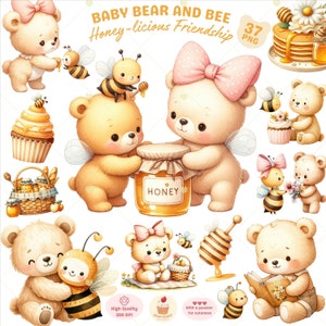 Clipart orsetto e ape, PNG orso ape, Clipart orsetto, Clipart ape mellifera, Orsetto di peluche carino, Clipart primaverile, Arte per bambini, Uso commerciale