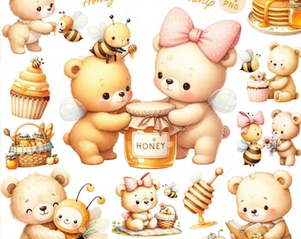 Baby Bear and Bee Clipart, Bee Bear PNG, Baby Bear Clipart, Honey Bee Clipart, Cute teddy bear, Spring clipart, Nursery Art, Commercial use