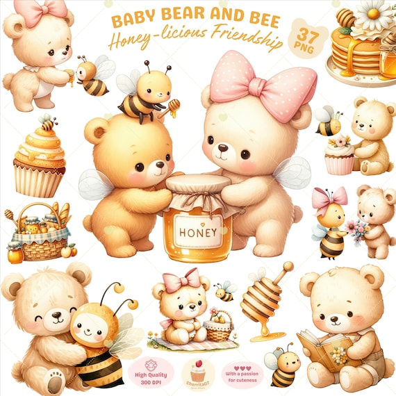 Baby Bear and Bee Clipart, Bee Bear PNG, Baby Bear Clipart, Honey Bee Clipart, Cute teddy bear, Spring clipart, Nursery Art, Commercial use