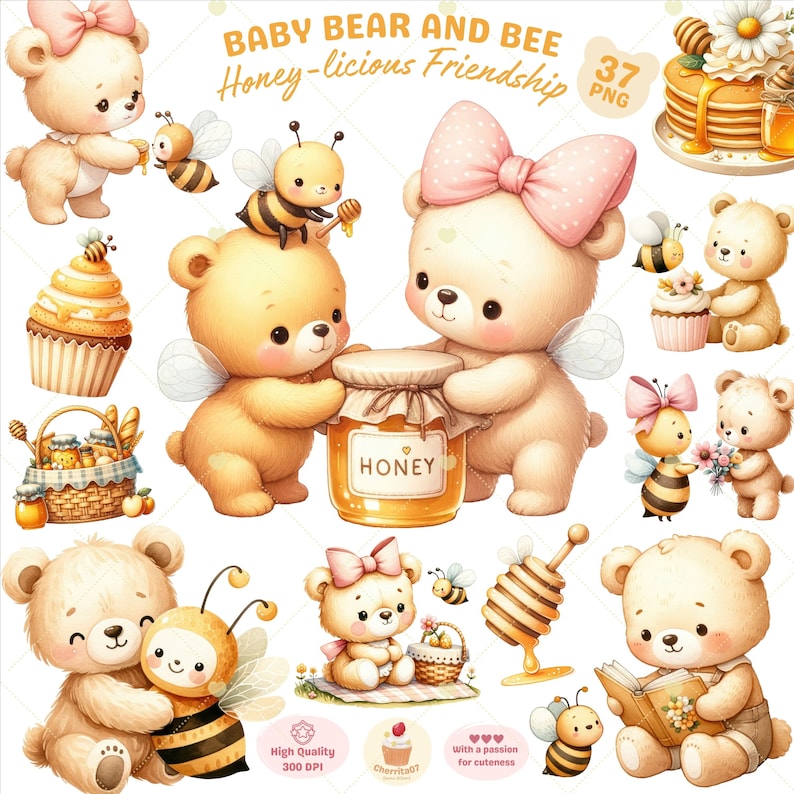 May include: A set of 37 digital illustrations featuring cute cartoon bears and bees. The illustrations include bears holding honey jars, bees with wings, and honeycombs. The illustrations are perfect for creating digital designs, scrapbooking, and other craft projects.