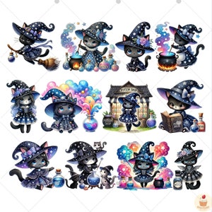 May include: A set of 10 digital illustrations featuring cute black cats dressed as witches. The cats are wearing black pointy hats, black dresses, and have purple and blue accents. Some of the cats are holding brooms, books, and potions. The illustrations are perfect for Halloween or any witchy occasion.