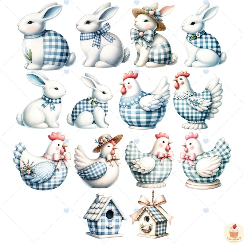 May include: A set of 12 digital illustrations featuring bunnies, chickens, and birdhouses in a blue and white gingham pattern. The illustrations are perfect for crafting projects, scrapbooking, and digital design.