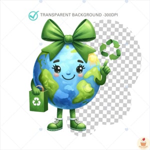 May include: A cartoon illustration of a smiling Earth with a green bow, holding a green shopping bag with a recycle symbol and pointing to a green recycle symbol. The Earth is wearing green shoes and has a green sun on its surface.