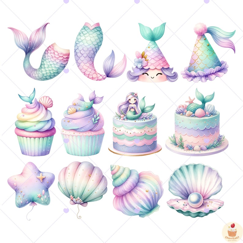 K&ouml;nnte beinhalten: Ein Set mit 12 Aquarell-Illustrationen mit Meerjungfrauen-Partydekorationen. Das Set enth&auml;lt Cupcakes, Kuchen, einen Meerjungfrauen-Schwanz, eine Muschel, einen Stern, eine Partym&uuml;tze und eine Meerjungfrau mit einer Krone. Die Illustrationen sind in den Farben Rosa, Lila, Blau und Gr&uuml;n gehalten.