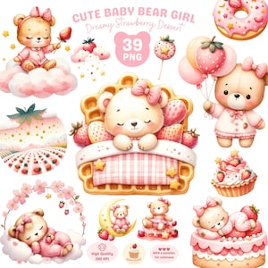 Mignon bébé ours fille Clipart, bébé ours png, dessert aux fraises png, baby shower, pyjama ours, clipart rose ours, fabrication de cartes, usage Commercial