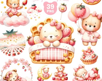 Cute Baby Bear Girl Clipart, Baby Bear png, Strawberry Dessert png, Baby Shower, Pajama Bear, Pink Bear Clipart, Card making, Commercial Use