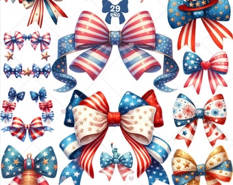 Patriotic Bow Clipart, 4th of July png, Coquette Bow png, America Png, Ribbons Sublimation, Watercolor bow, Independence Day, Commercial Use