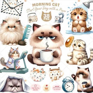 Morgen Katze Clipart, Katze Png, süßes Kätzchen Clipart, lustige Katze, mürrische Kaffee Katze, Baby Tiere, schrulliges Tier, Cartoon Katzen, kommerzielle Nutzung