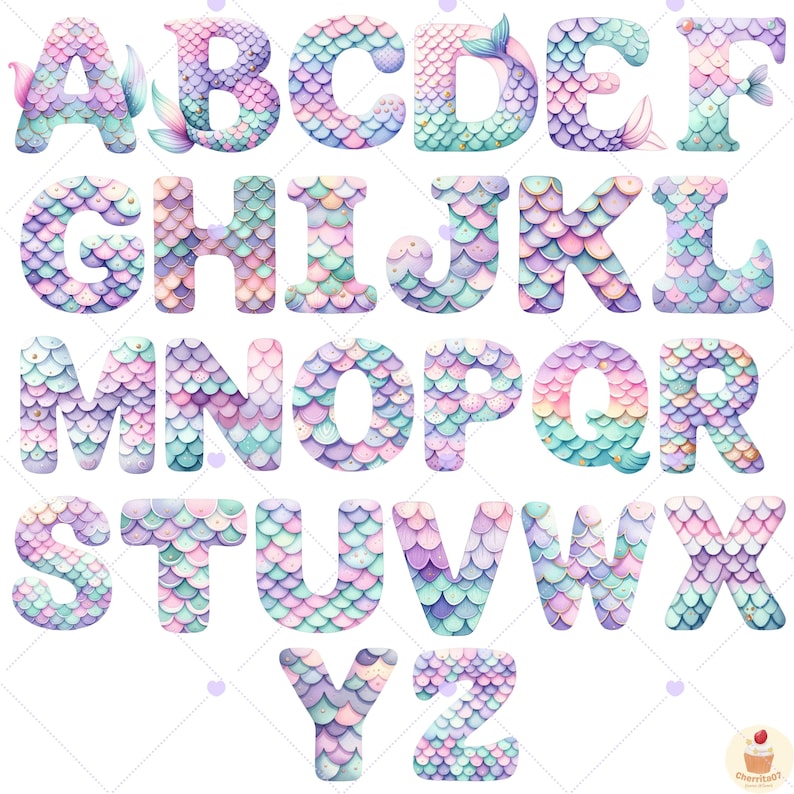 K&ouml;nnte beinhalten: Ein Alphabet zum Thema Meerjungfrau, wobei jeder Buchstabe mit pastellrosa, lila, blauen und gr&uuml;nen Schuppen verziert ist. Die Buchstaben sind wei&szlig; umrandet und haben einen glitzernden Effekt.