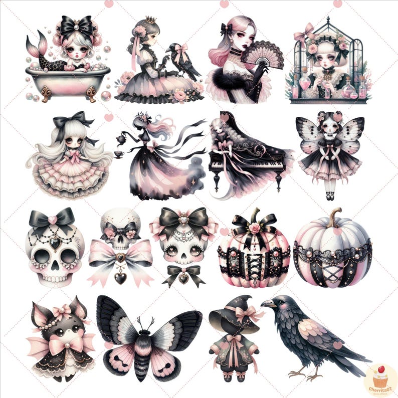 Puede incluir: Una colecci&oacute;n de ilustraciones en acuarela con tem&aacute;tica g&oacute;tica. Las im&aacute;genes incluyen una sirena, una mujer con un cuervo, una calavera con un lazo, una calabaza, una polilla y un cuervo. La paleta de colores es principalmente negro, rosa y blanco.