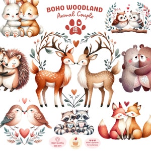 Boho Woodland dier paar clipart, dier paar PNG, aquarel Boho Valentine clipart, dieren in liefde, kwekerij bos, commercieel gebruik