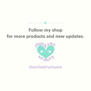 K&ouml;nnte beinhalten: Ein t&uuml;rkisfarbenes Herz mit einem l&auml;chelnden Gesicht und dem Text "thank you so much" in Lila. Der Text "Follow my shop for more products and new updates." befindet sich &uuml;ber dem Herzen. Der Text "Cherrita07artwork" befindet sich unter dem Herzen.