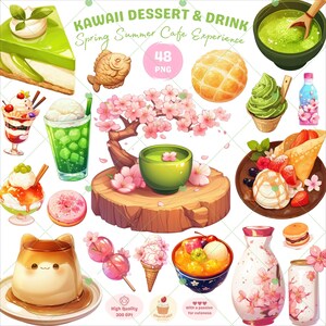 Clipart di dessert e bevande kawaii, PNG di caffè carino, Clipart di matcha, Adesivi di cibo adorabili, PNG di cibo anime, Clipart di pianificatore, Uso commerciale