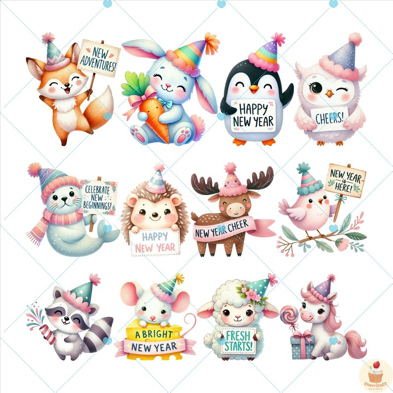 Może przedstawiać: Zestaw 10 cyfrowych ilustracji przedstawiających urocze zwierzęta w czapkach imprezowych trzymających tabliczki z noworocznymi życzeniami. Zwierzęta to lis, kr&oacute;lik, pingwin, sowa, foka, jeż, renifer, ptak, szop, mysz, jagnię i jednorożec.