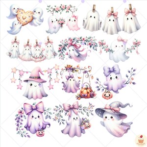 May include: Watercolor illustrations of cute ghosts in various poses. Some ghosts have bows, hats, or are holding pumpkins. Others are decorated with flowers and stars. The color palette includes soft pinks, purples, and whites, perfect for Halloween or fall-themed projects.